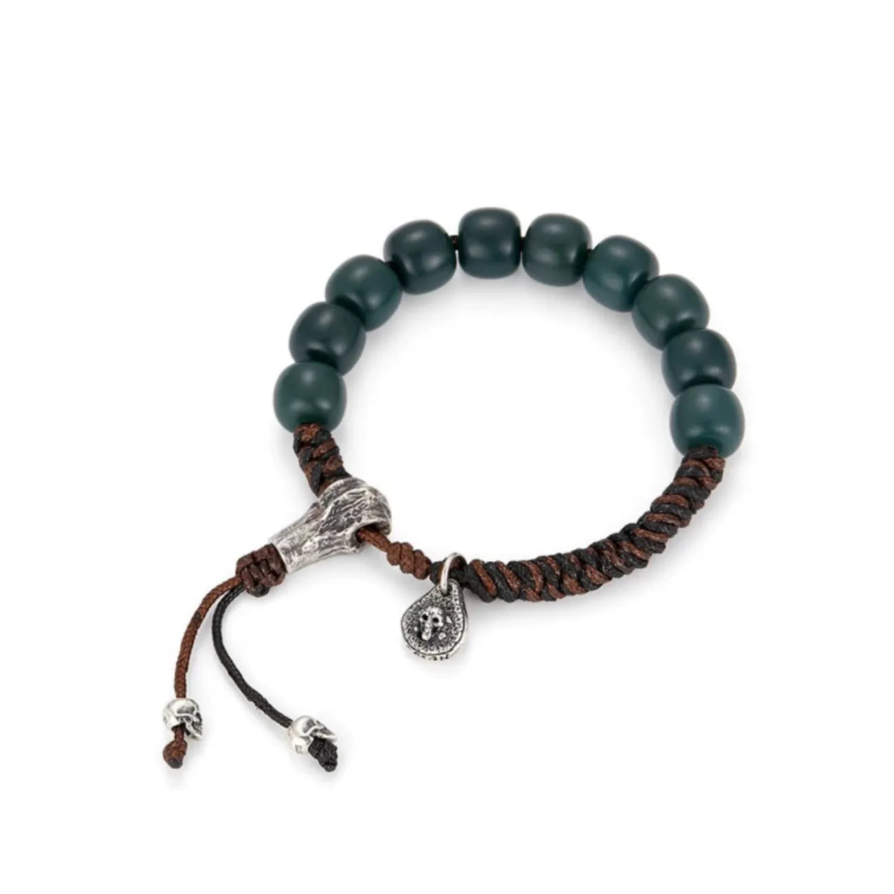 Back view showing the adjustable cotton cord mechanism with twin skull beads at the ends