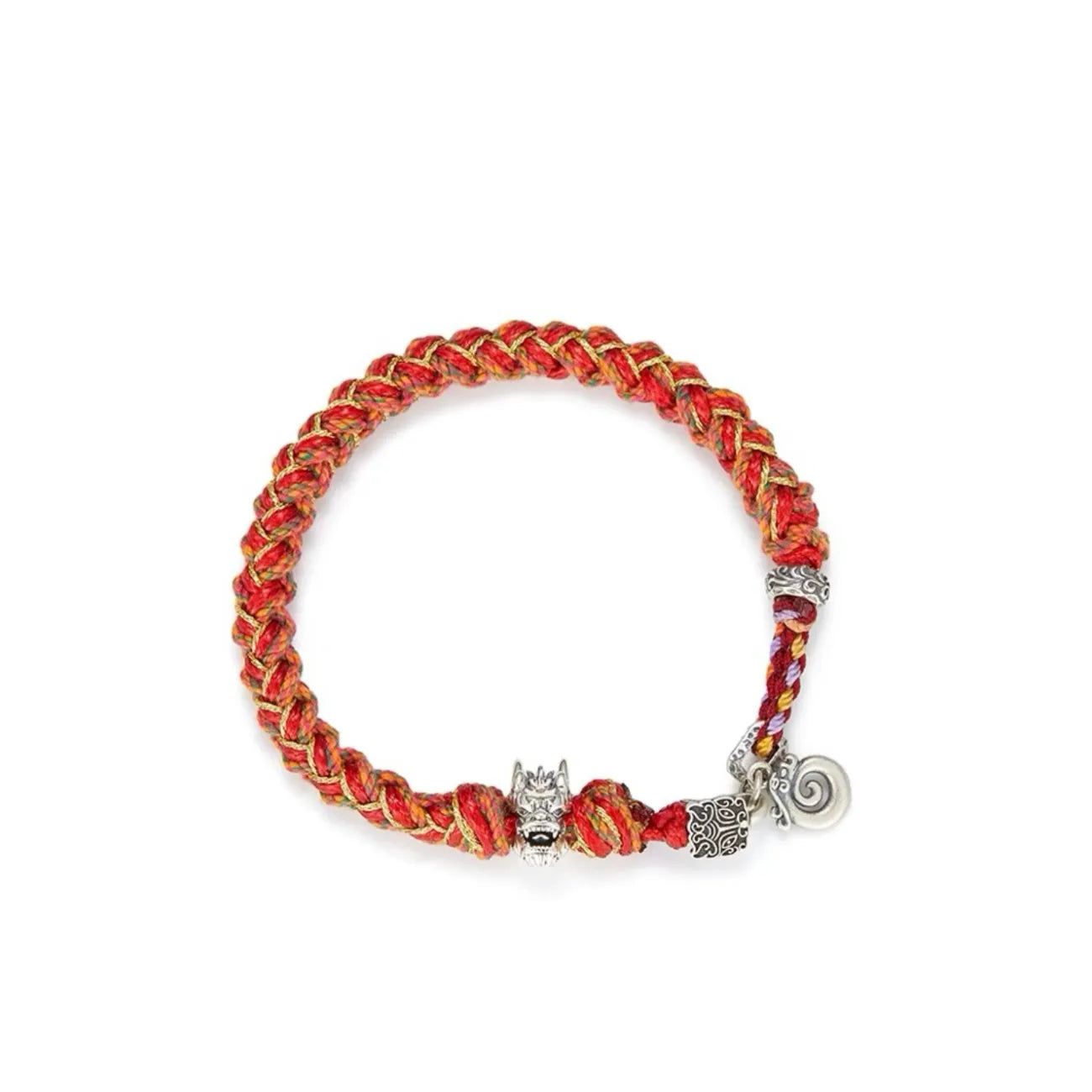 Top-down view of the circular red string bracelet, perfect for displaying the silver dragon and auspicious cloud beads