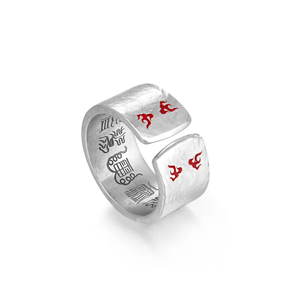Back view of the ring highlighting the open design for adjustable sizing and inner band engravings