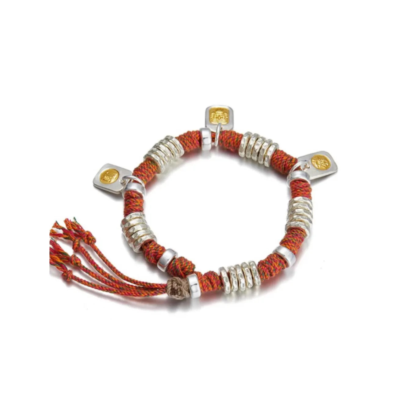 Back view of the handmade rope bracelet with a secure knot clasp and decorative silver beads