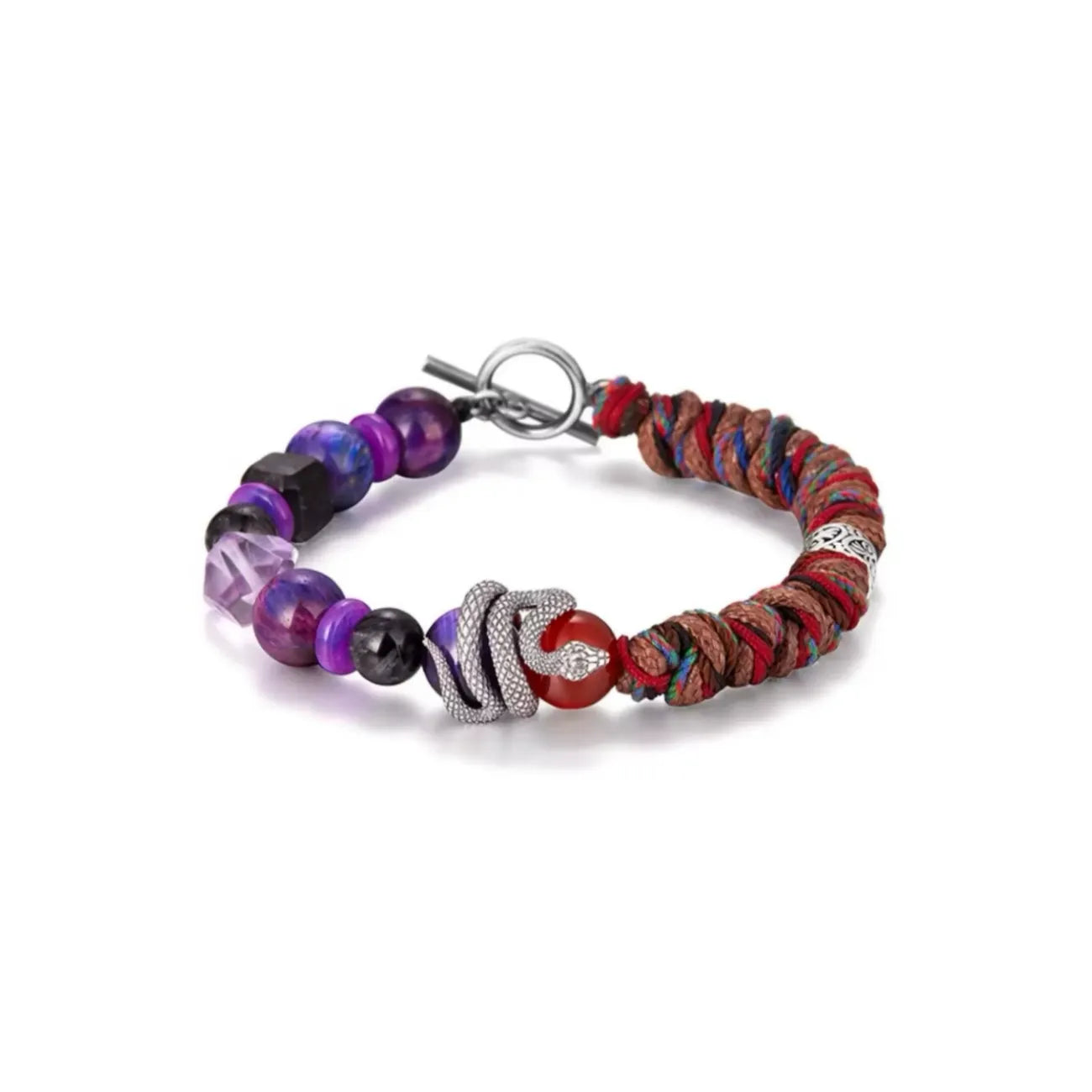 Front view featuring a silver snake charm coiled around a red carnelian bead, set on a mixed-media bracelet