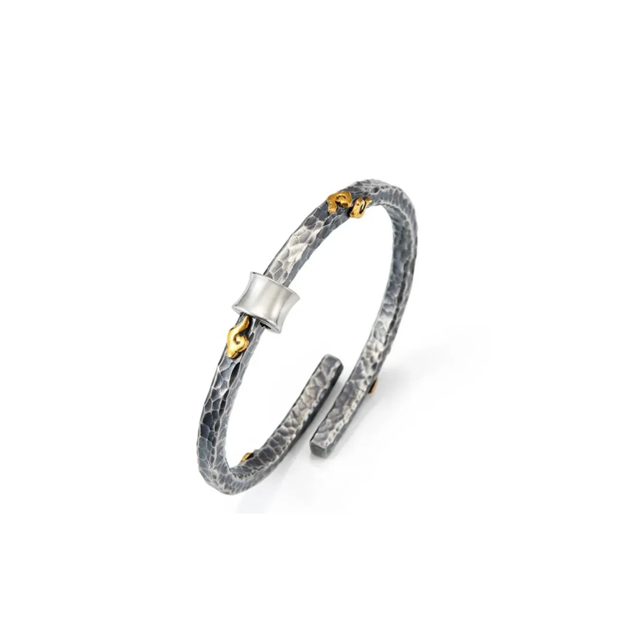 Side profile of the open cuff bangle, showing the thickness of the metal and the rustic hammered finish