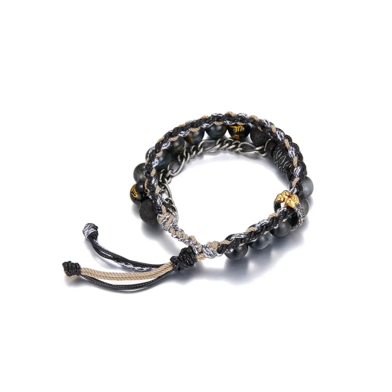 Back view displaying the rugged texture of black lava stones mixed with the woven khaki cotton rope and metal chain