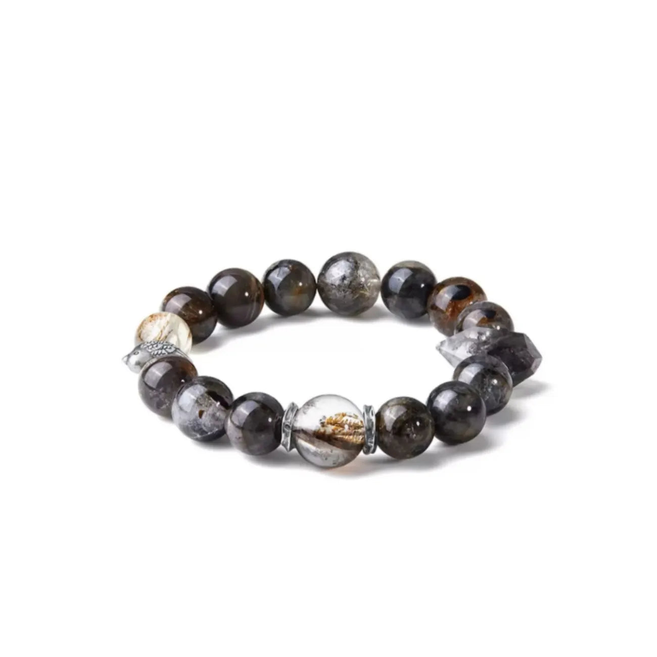 Front view of the "Magpie" bracelet, featuring black rutilated quartz beads and a raw crystal point centerpiece