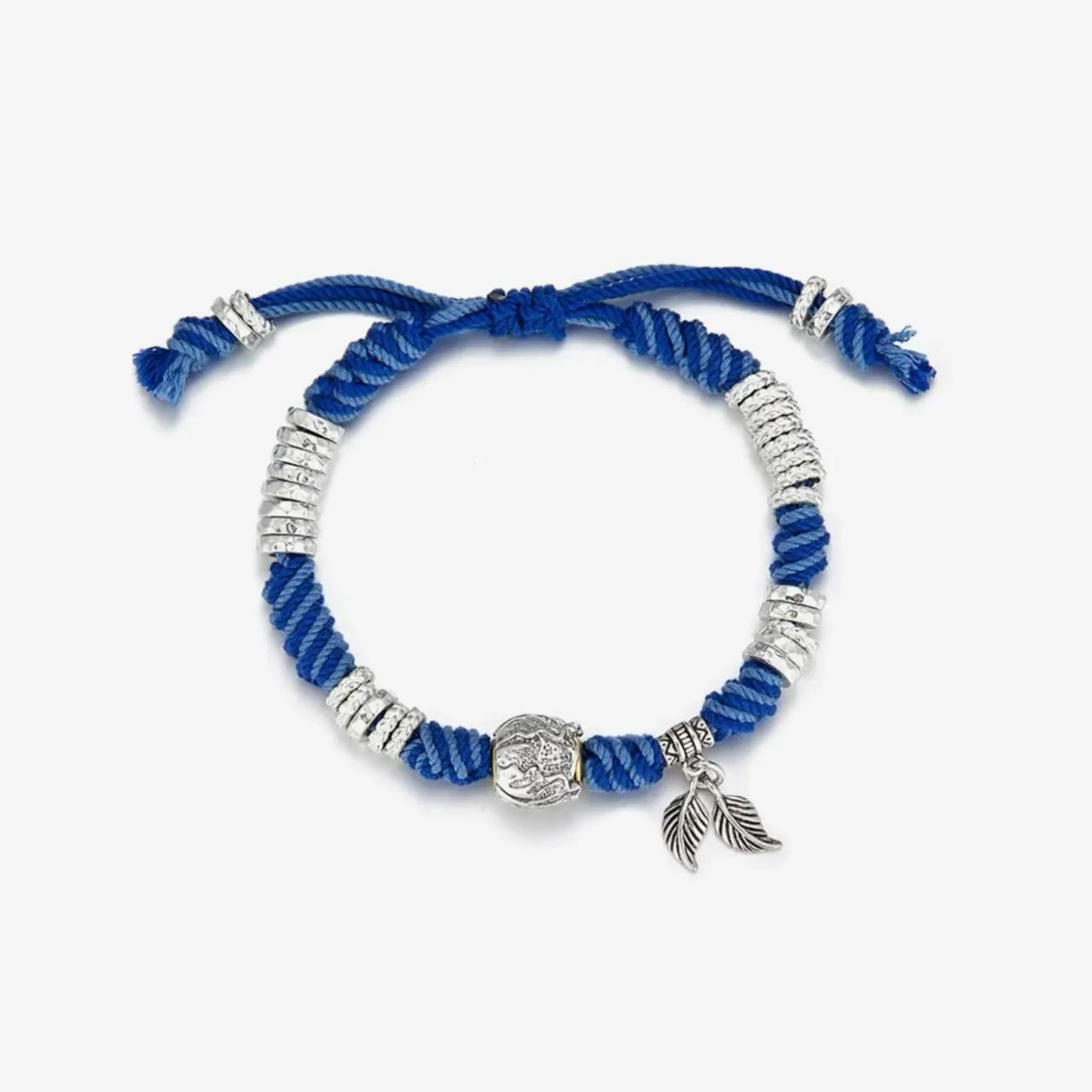 Top-down view showcasing the circular shape and the central textured silver bead, perfect for boho or surfer beach styles