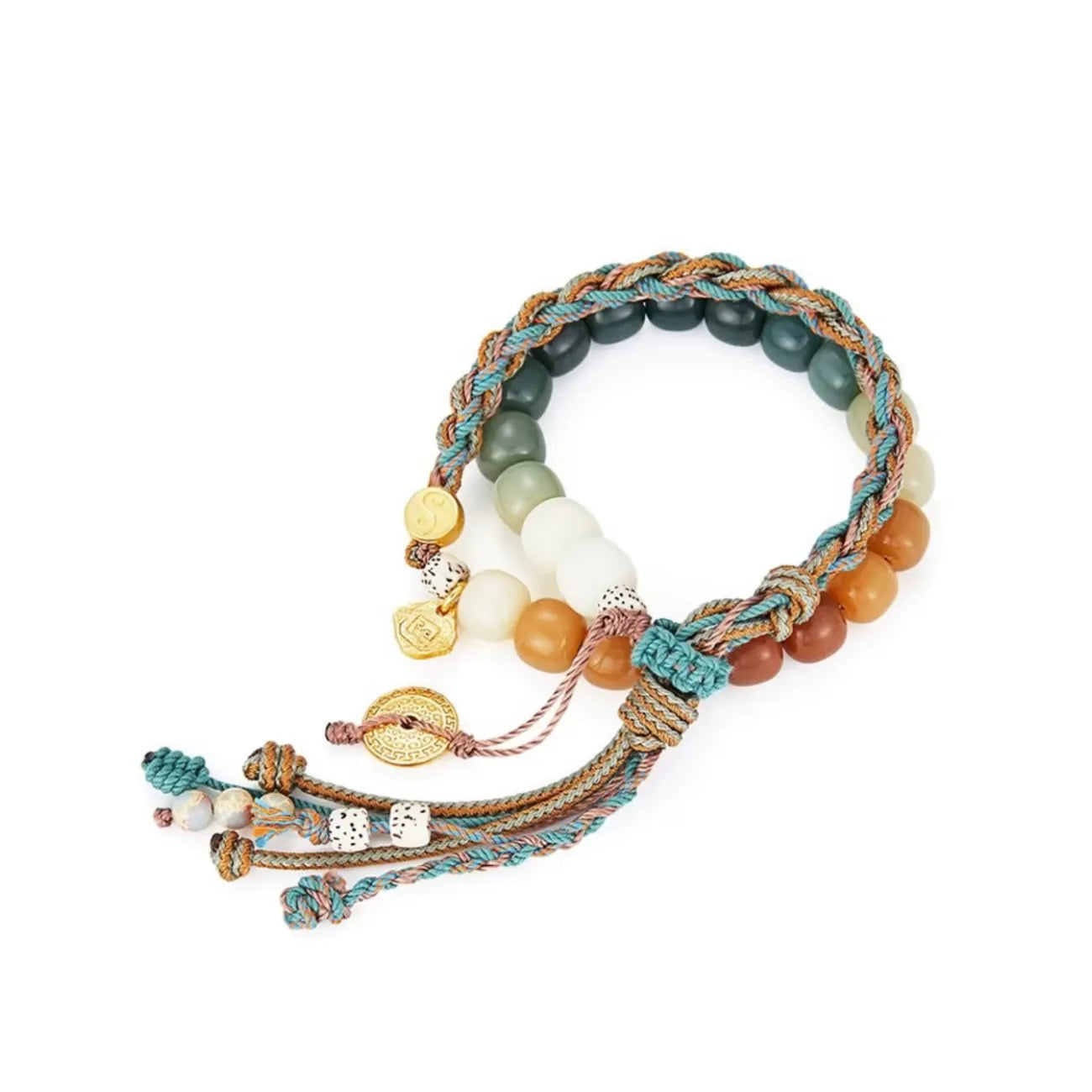 Back view highlighting the intricate multi-strand tassel with small bead accents and a lucky coin charm