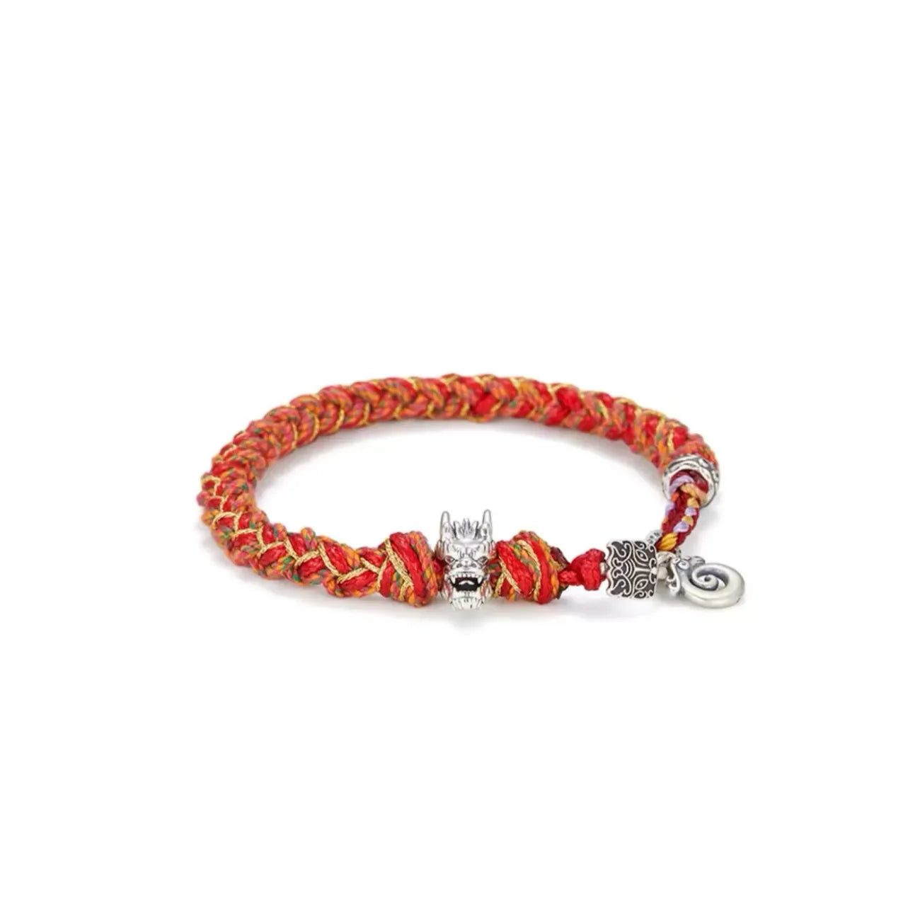 Front view of the Dragon Bracelet featuring a detailed silver dragon head charm on a red and gold braided cotton rope