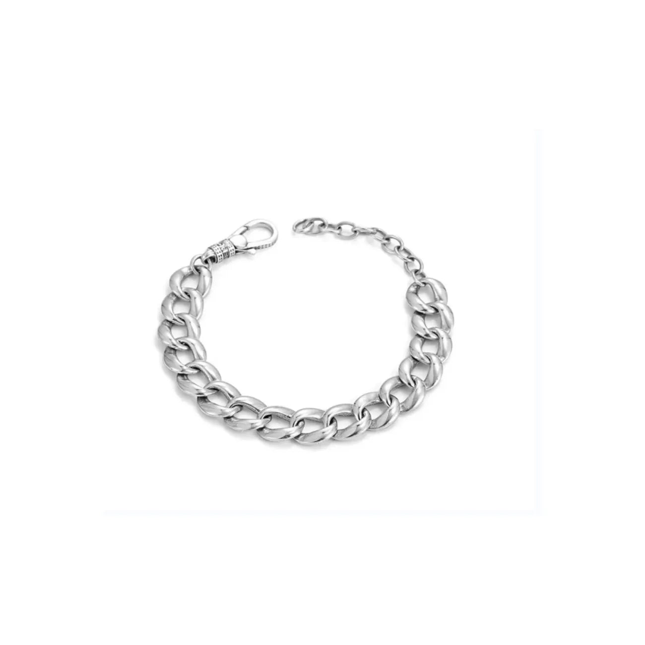 Front view of the silver chain bracelet where each link features a detailed feather quill engraving
