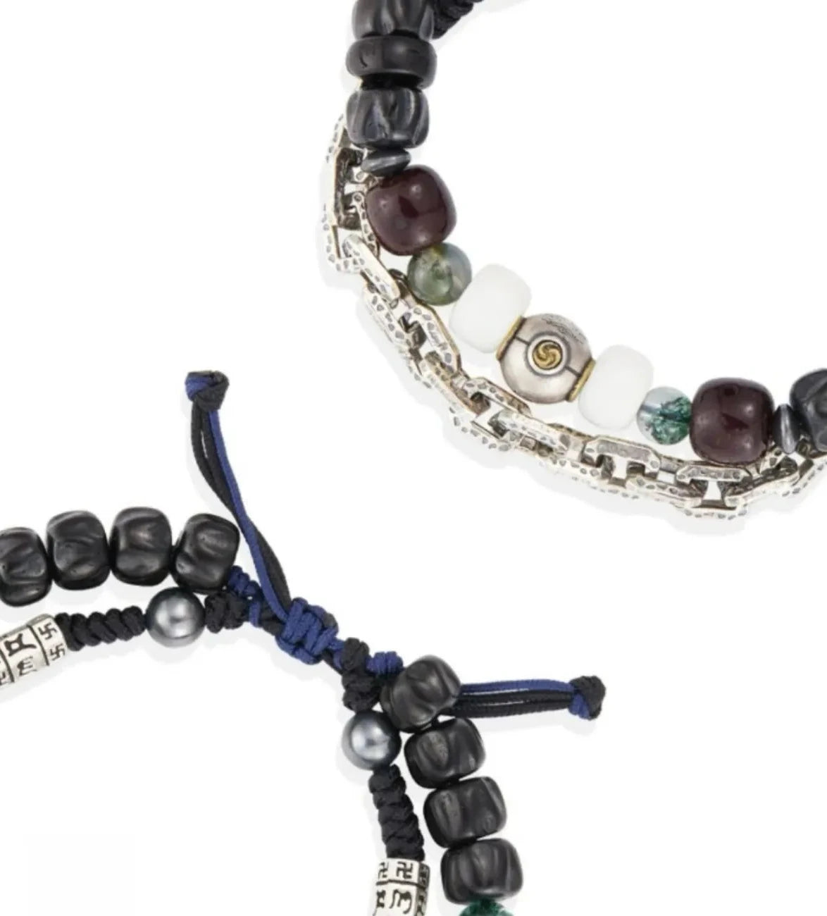Top-down view highlighting the double-row design: one row of spiritual beads, one row of industrial silver chain