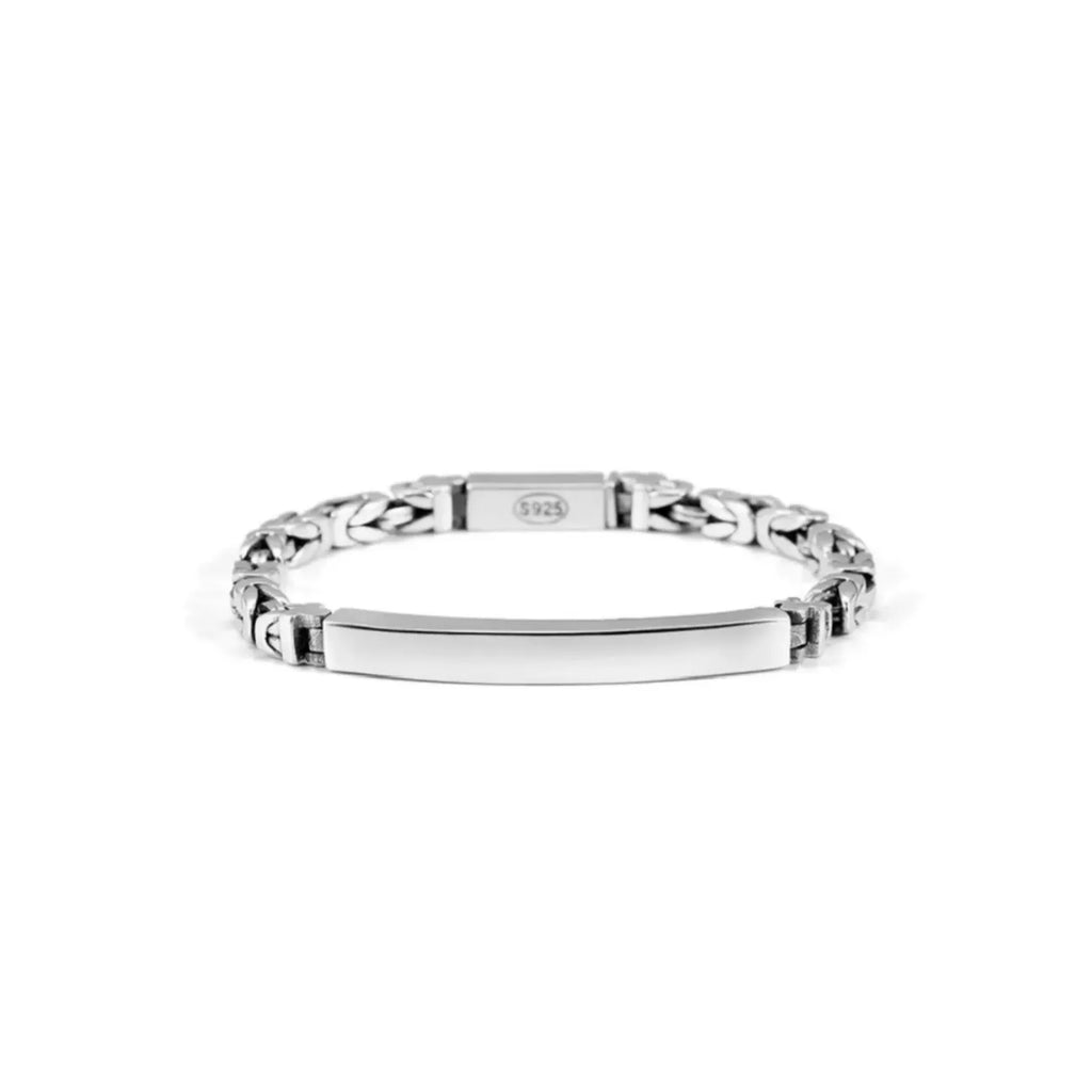 Front view of the sterling silver ID bracelet with a high-polish blank bar suitable for engraving