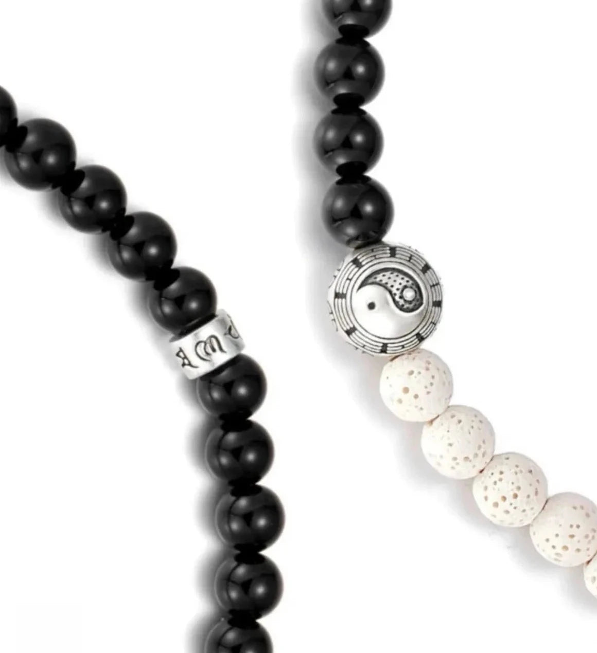 Back view highlighting the silver spacer bead engraved with the Six-Syllable Mantra for mindfulness
