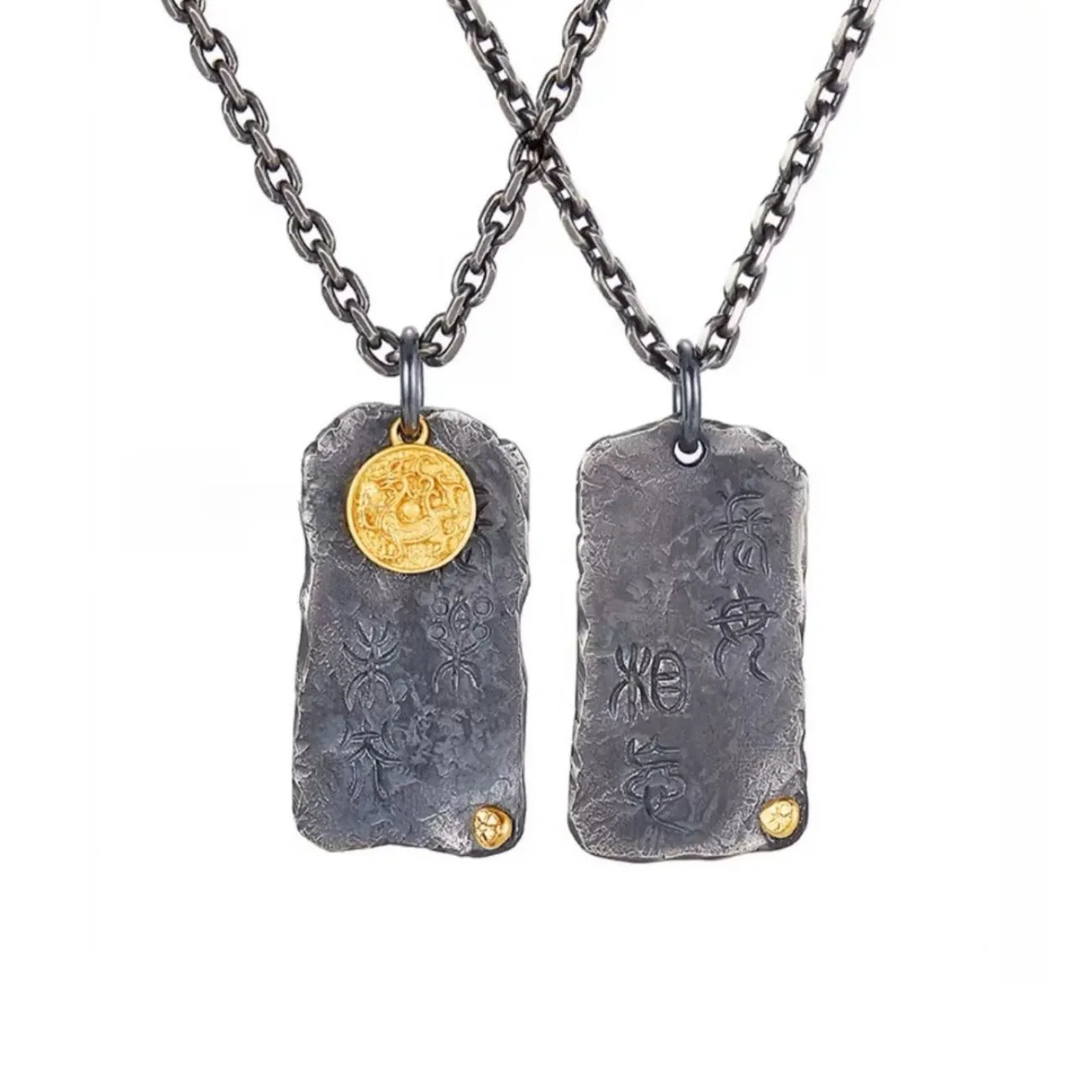 Pair of Eternal Joy necklaces featuring ancient silver tablets with gold and bronze accents