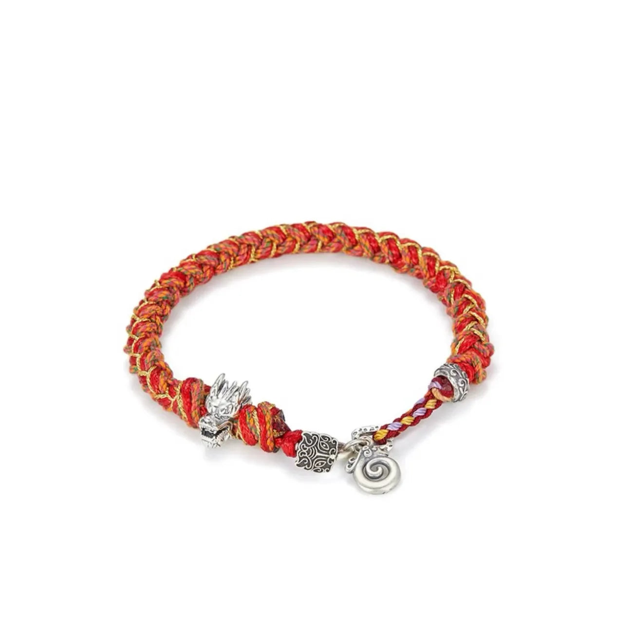 Side view showing the thick red cotton braid interwoven with gold threads, symbolizing wealth and good fortune in Feng Shui