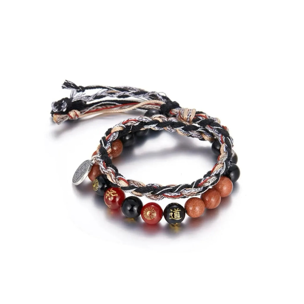 Side profile showing the braided cotton rope intertwined with the gemstone strand, highlighting the "Dao" character engraved on the red bead