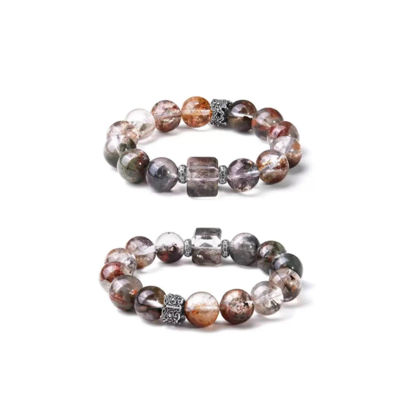 Front view of the bracelet featuring multi-colored garden quartz beads and a sterling silver Taotie beast charm