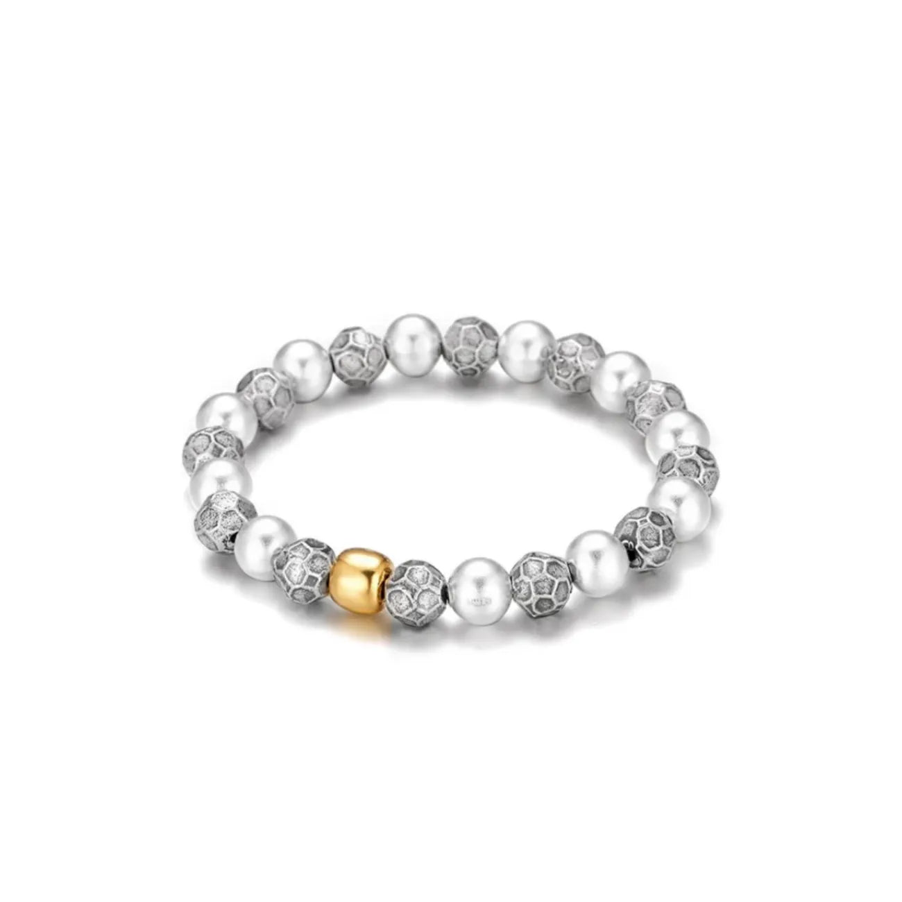 Side detail showing the unique "honeycomb" or meteorite texture on the metal beads contrasting with smooth pearls