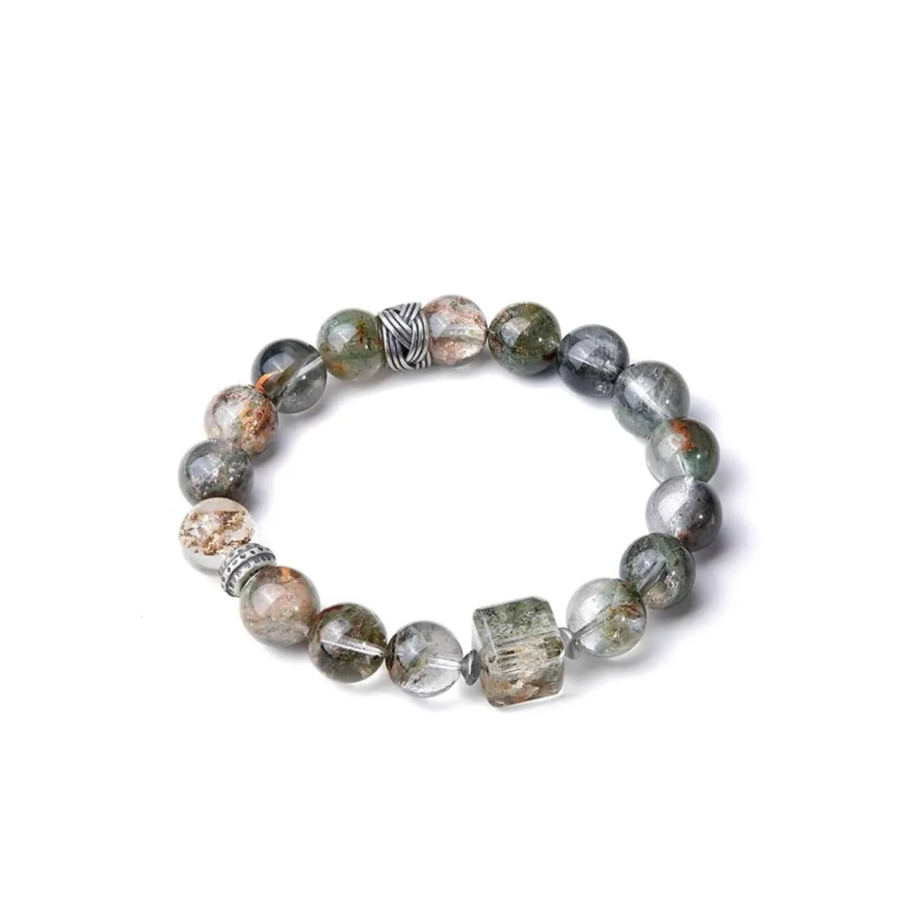 Side profile highlighting the oxidized silver rope knot charm and the natural mineral textures