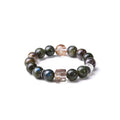 Front view of the bracelet featuring deep green rutilated quartz beads and a centerpiece square copper rutile quartz bead