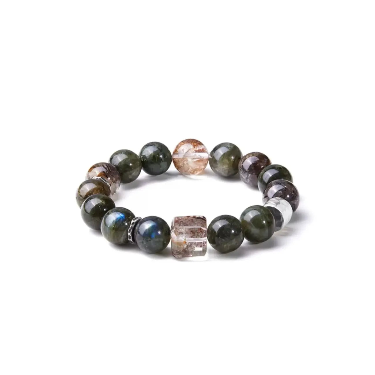Front view of the bracelet featuring deep green rutilated quartz beads and a centerpiece square copper rutile quartz bead
