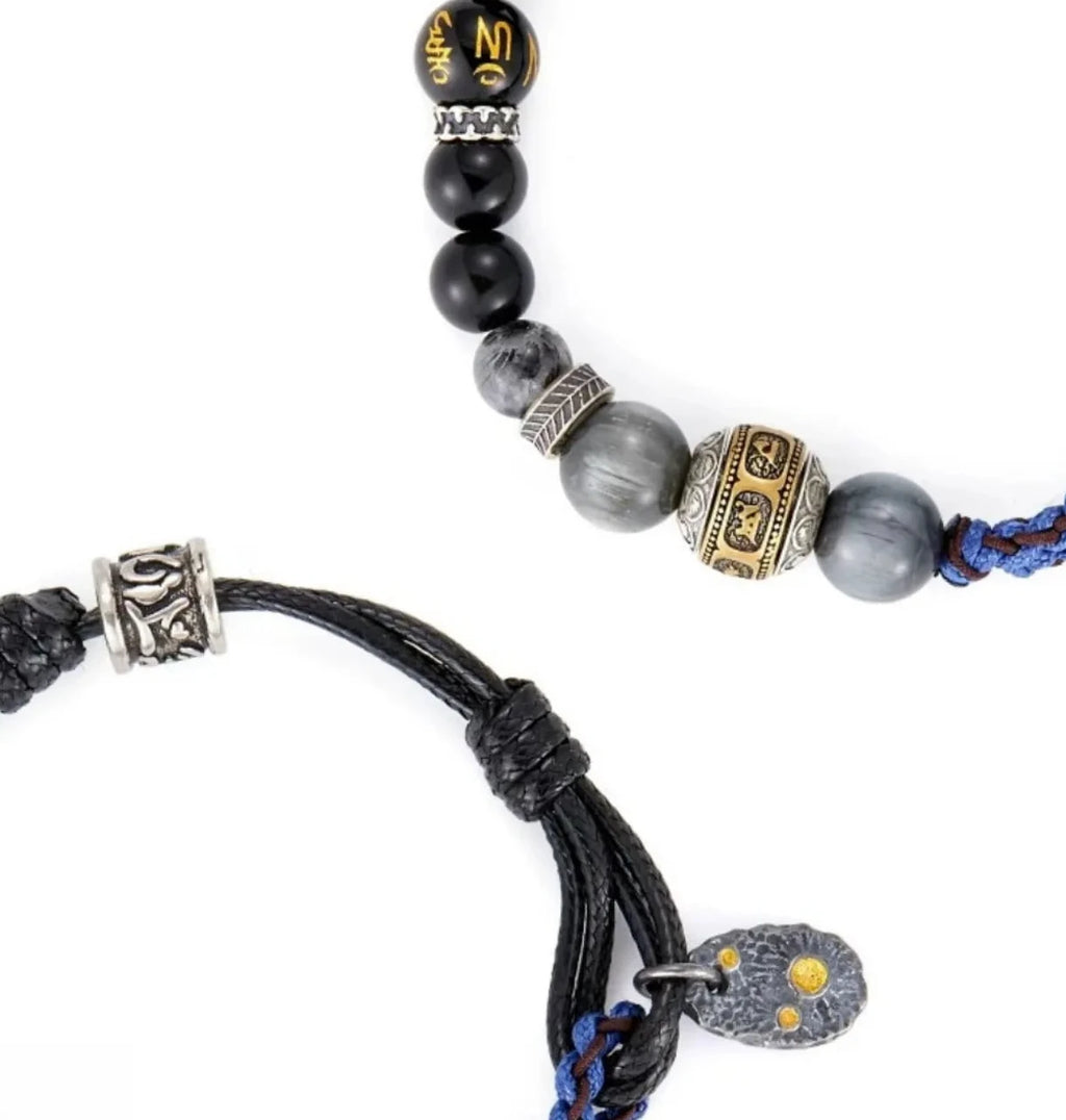 Back view highlighting the hammered "meteor" style silver tag and the secure adjustable macrame sliding knot