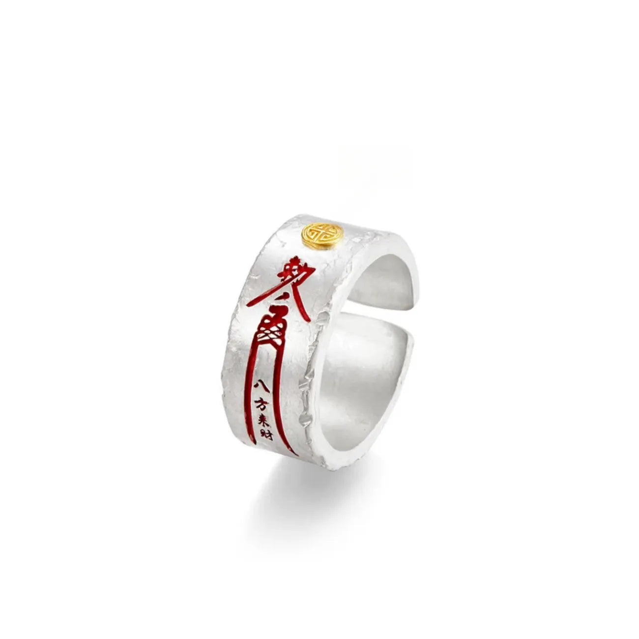 Side profile showing the thick hammered texture and two-tone silver and gold design of the ring