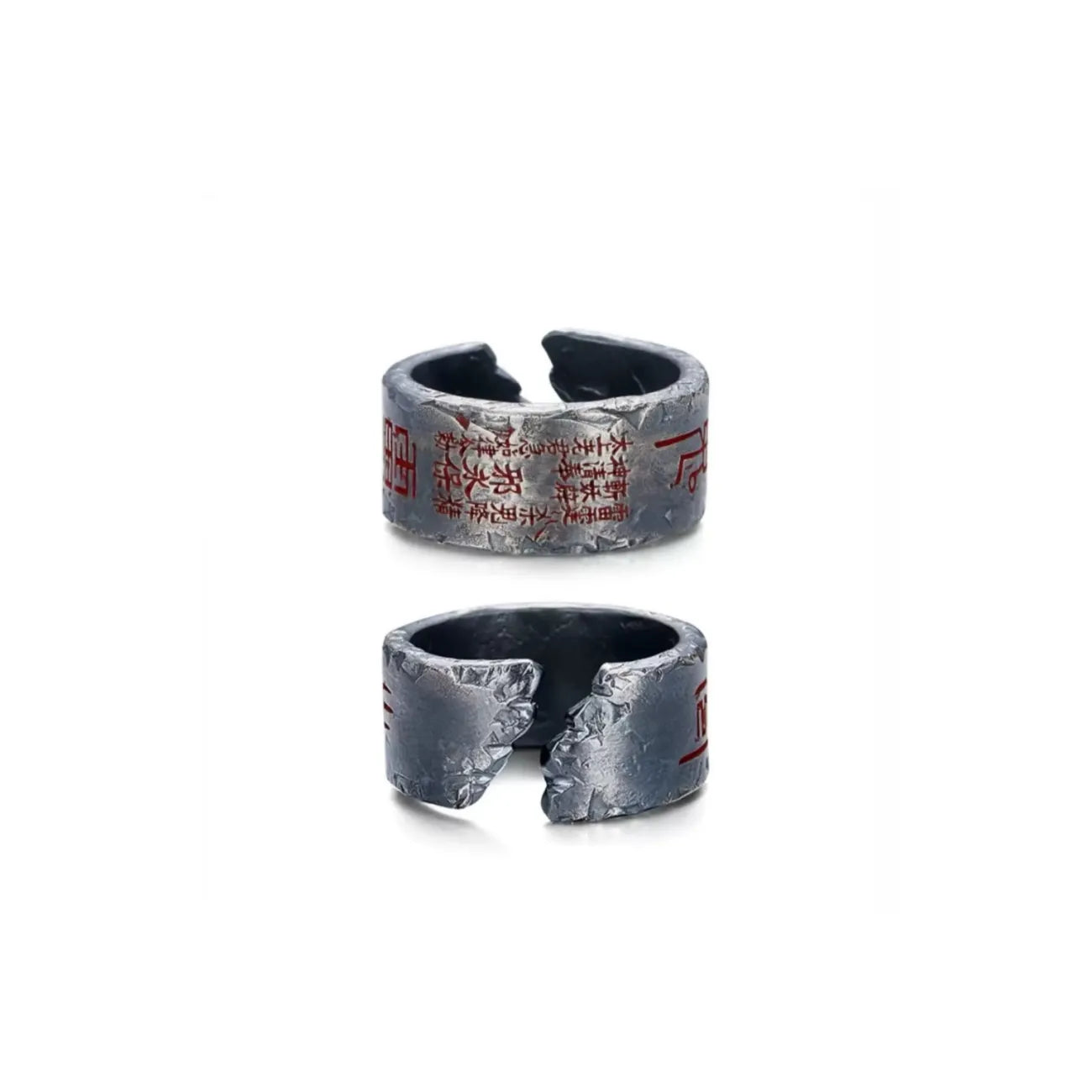 Side profile showing the rugged hand-carved texture of the silver Taoism amulet ring