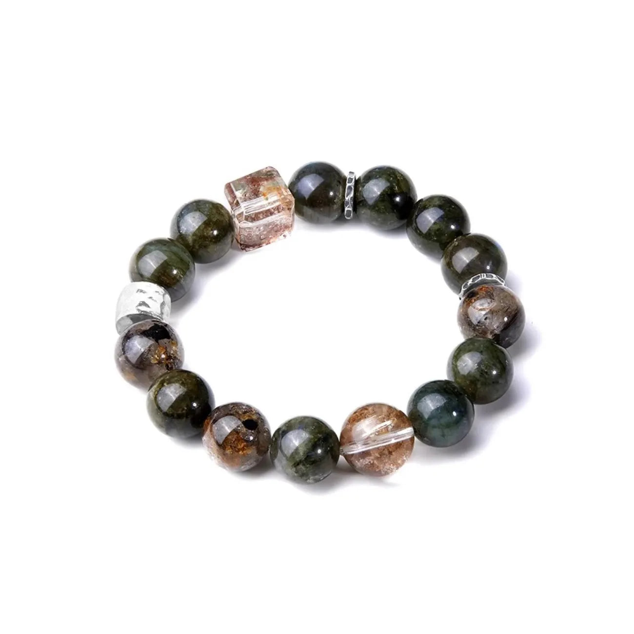 Back view highlighting the textured artisan silver bead that complements the earth-tone crystals