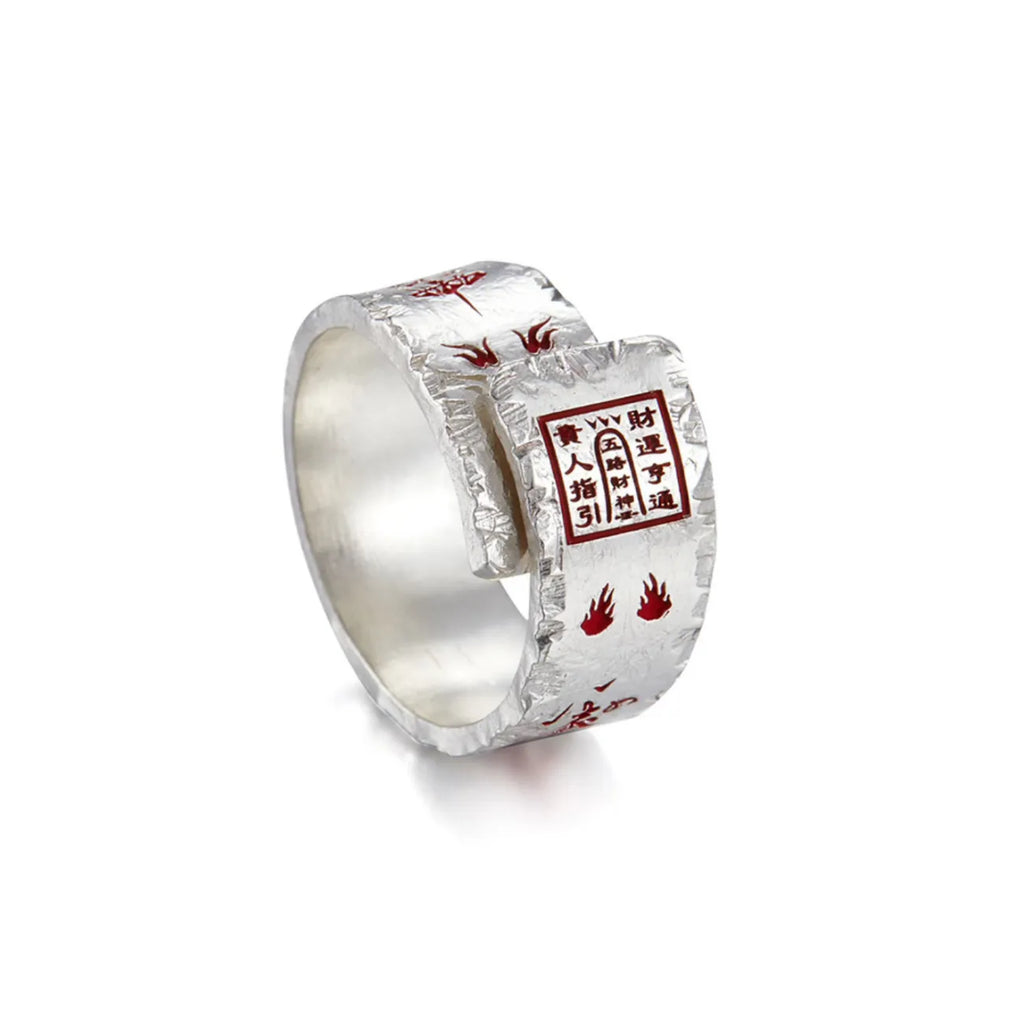 Back view revealing the hidden wealth talisman script inside the adjustable band and the 999 silver hallmark