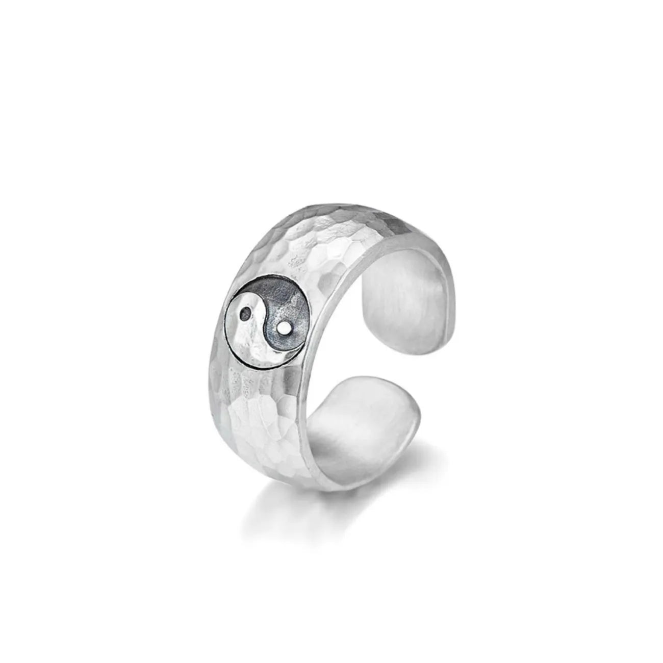 Side profile showing the wide, curved surface of the ring with a rustic texture, inspired by ancient Taoist philosophy