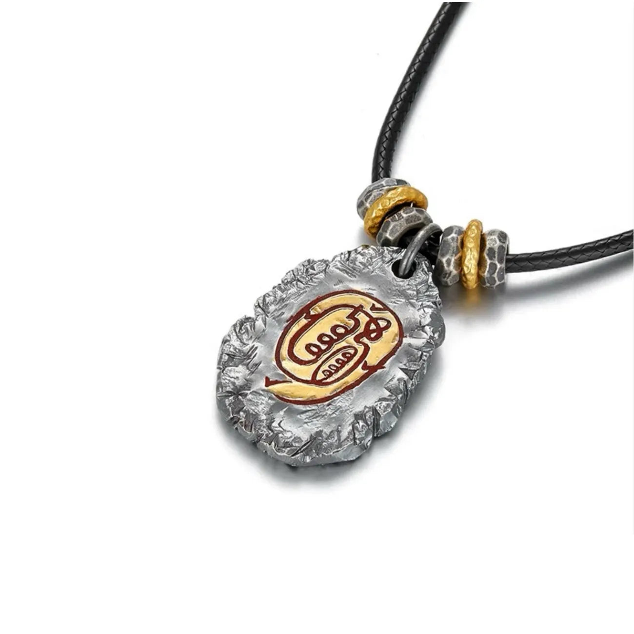 Angled shot of the Incantation necklace, highlighting the rugged texture and beaded accents