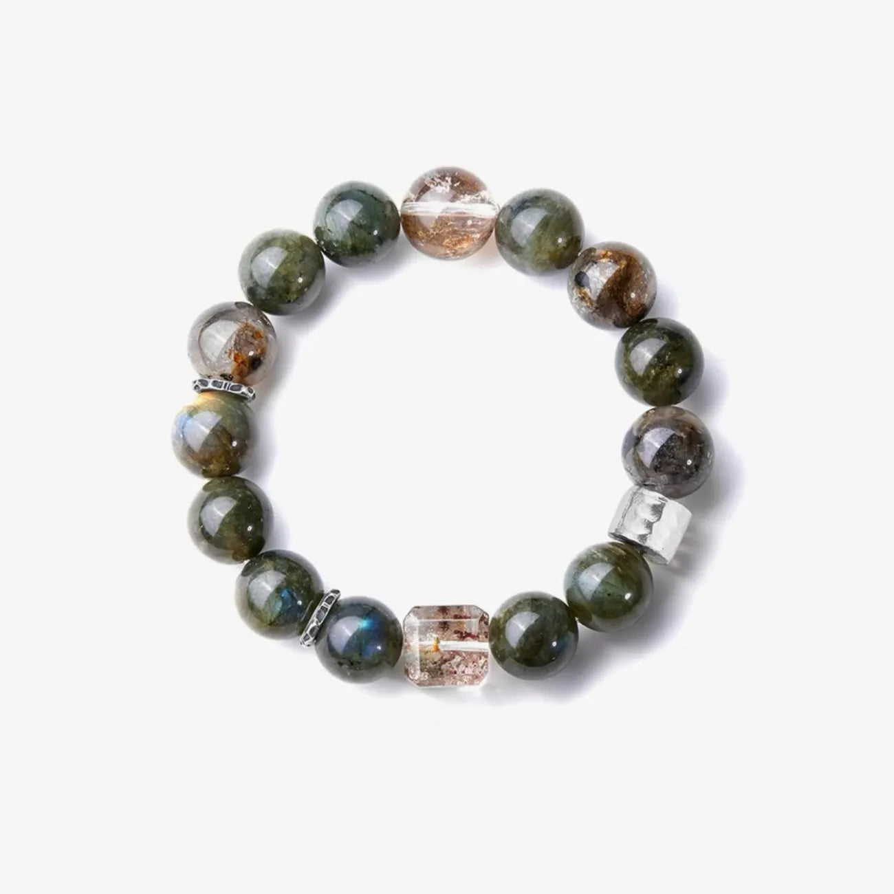 Top-down view displaying the translucency of the rutilated quartz and the mysterious sheen of the dark beads