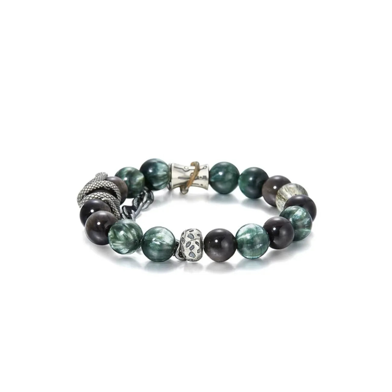 Back view showing the intricate silver serpent winding around the beads, symbolizing wisdom and rebirth