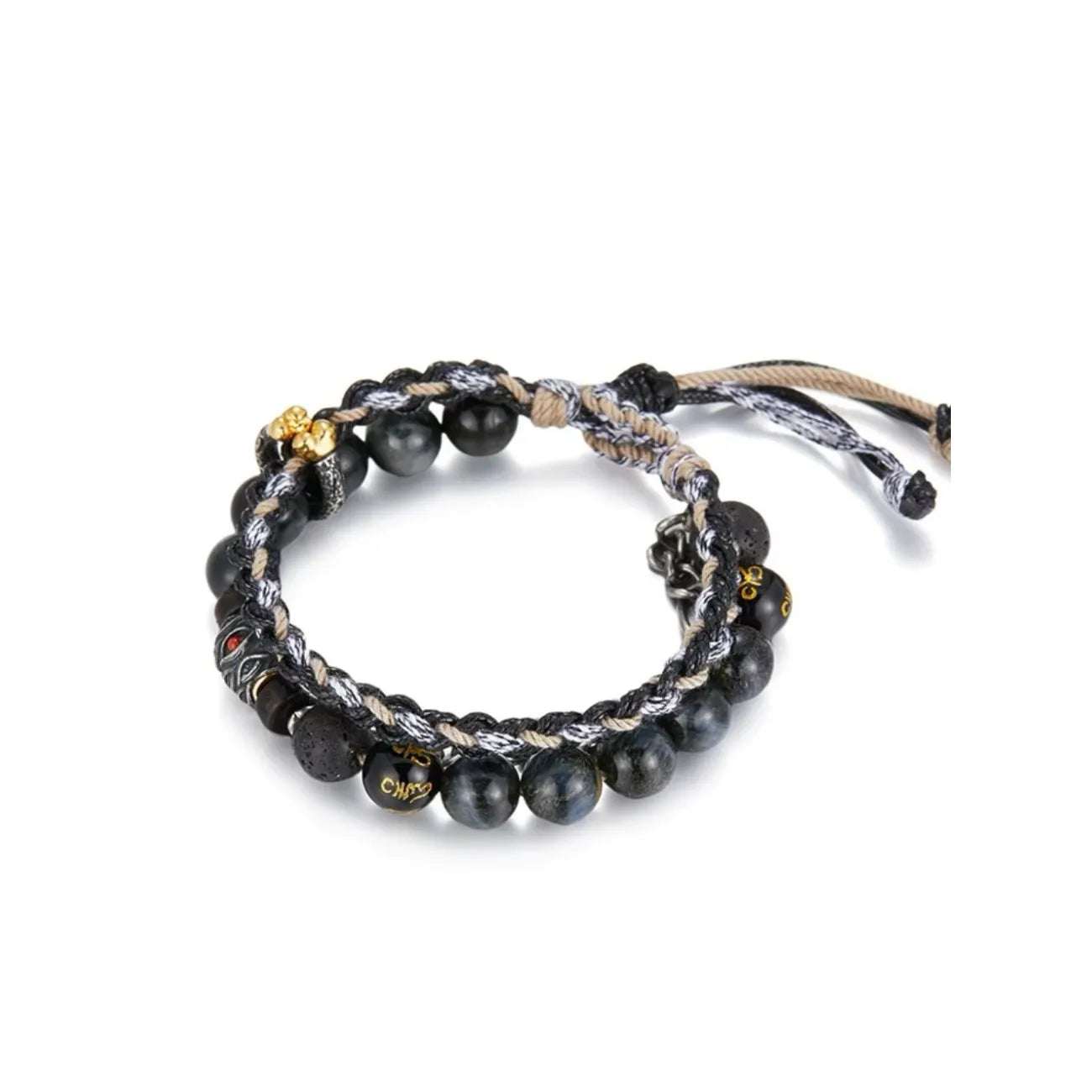 Side detail showing the oxidized silver Sun Wukong head sculpture paired with a gold accent bead and mantra stones