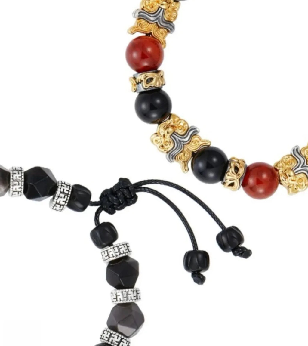 Top-down view highlighting the symmetry of the beads and the mix of faceted bodhi/agate and round stones