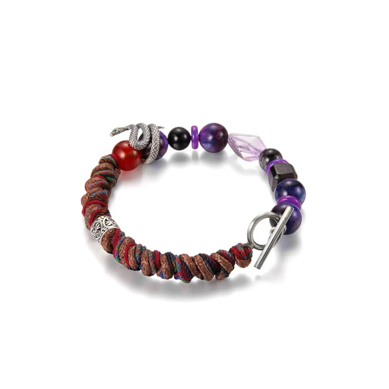 Back view showing the intricate brown and multi-color cotton rope braiding and the secure silver toggle clasp