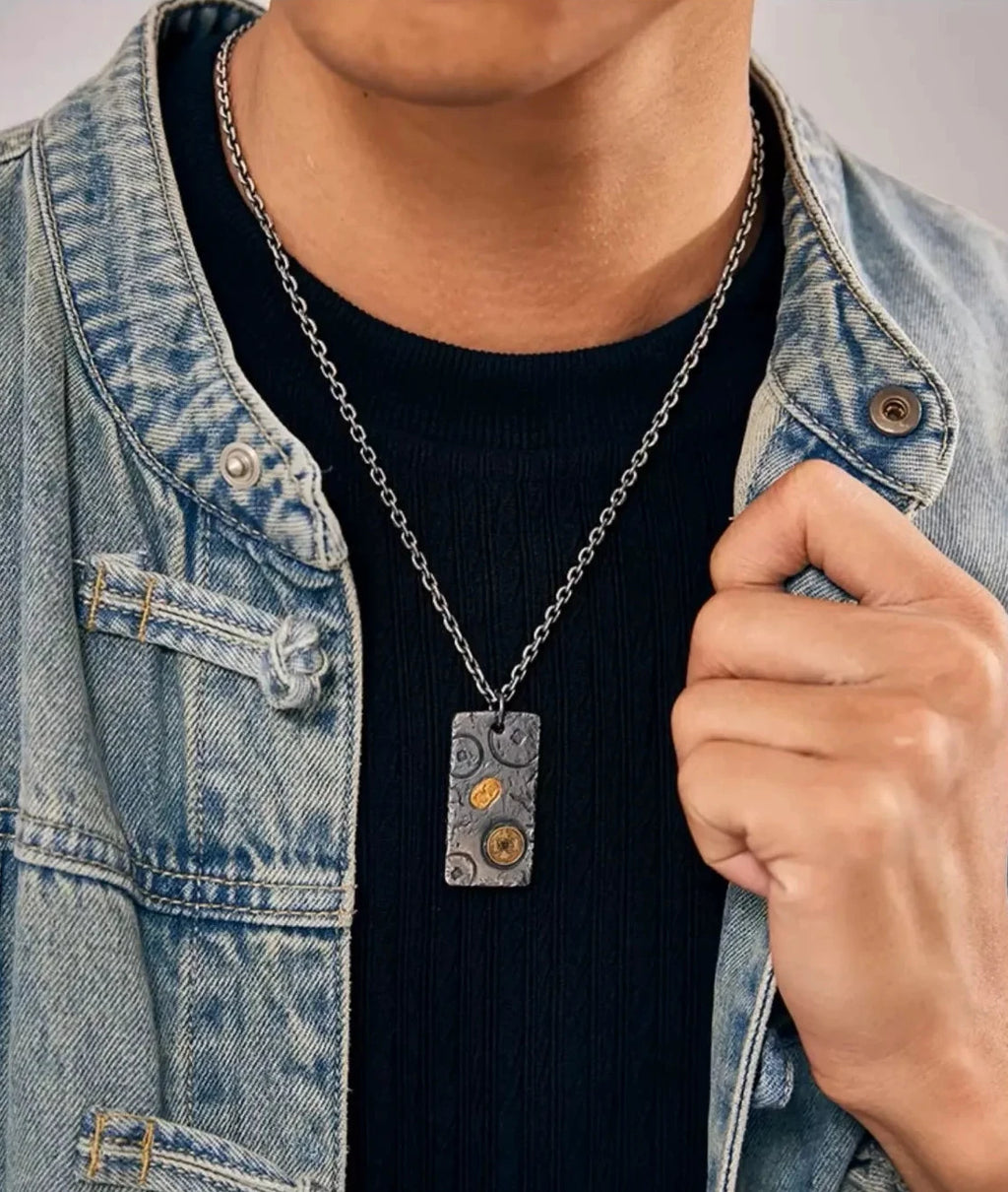 Model showcasing the coin necklace with a casual denim outfit (alternate view)