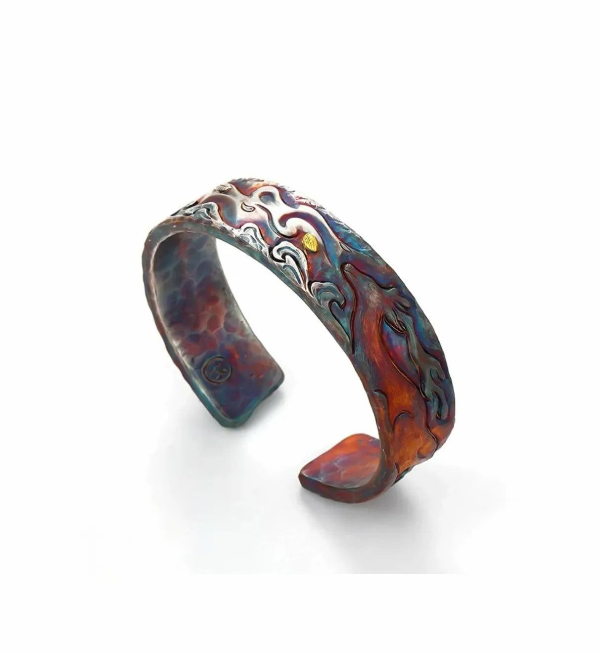 Side profile showing the dynamic movement of the divine deer and the swirling wind patterns in blue patina