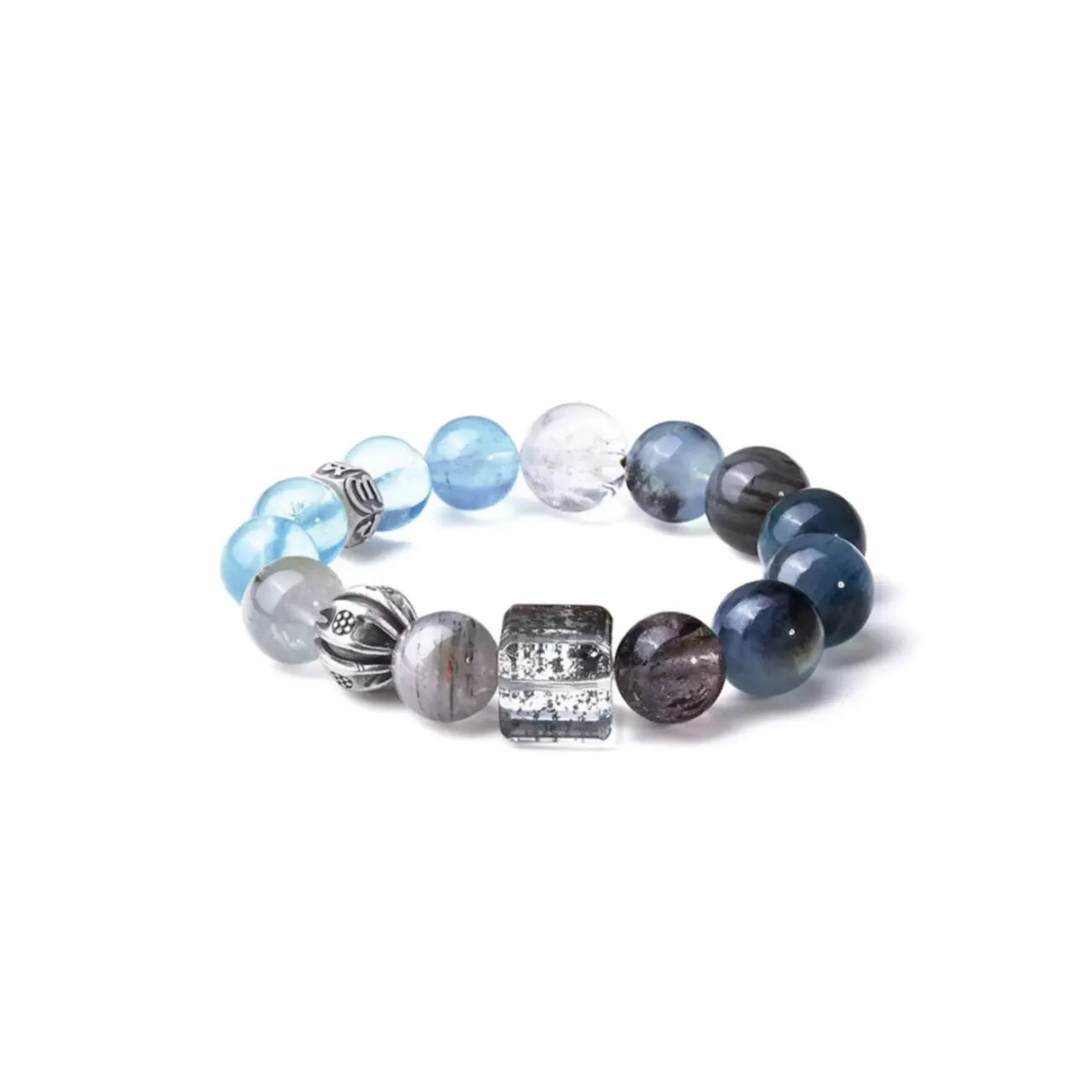 Front view of the gradient gemstone bracelet featuring a unique square black rutilated quartz bead as the centerpiece