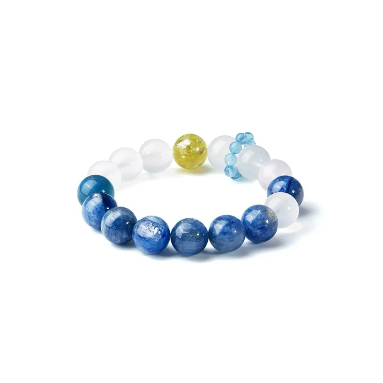 Front view showing the chatoyancy of blue kyanite beads contrasted with milky white crystals and a yellow accent stone
