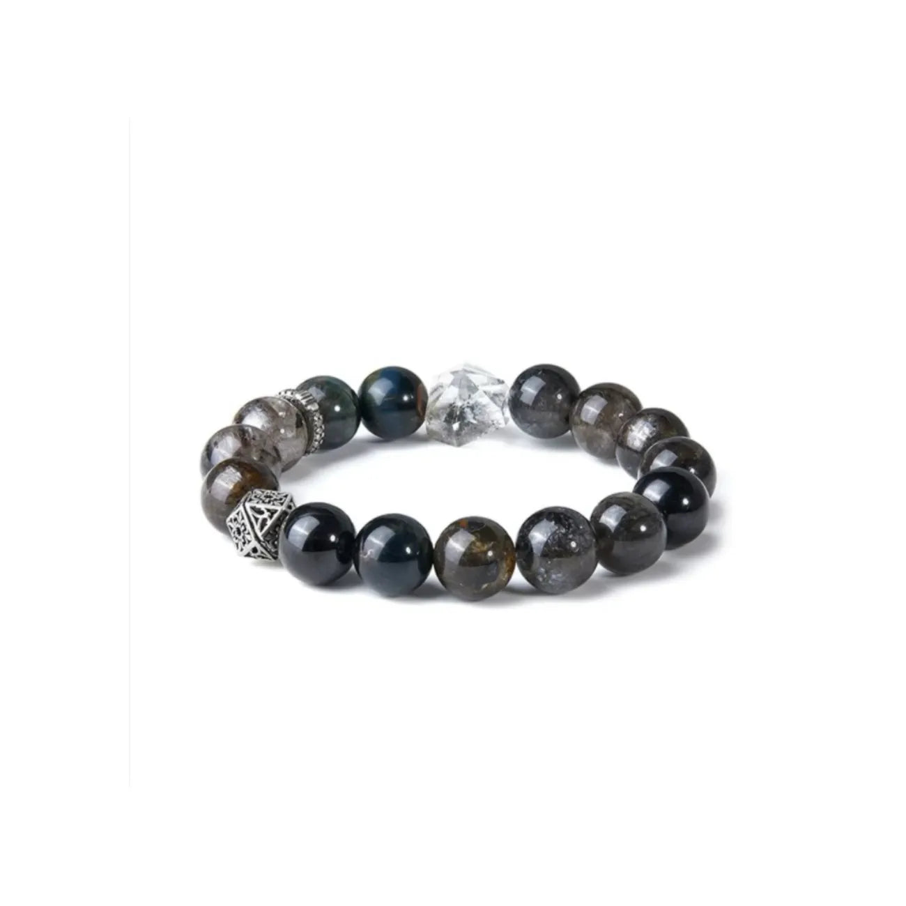 Back view highlighting the intricate hollow silver geometric bead and spacer ring integrated into the black stone bracelet