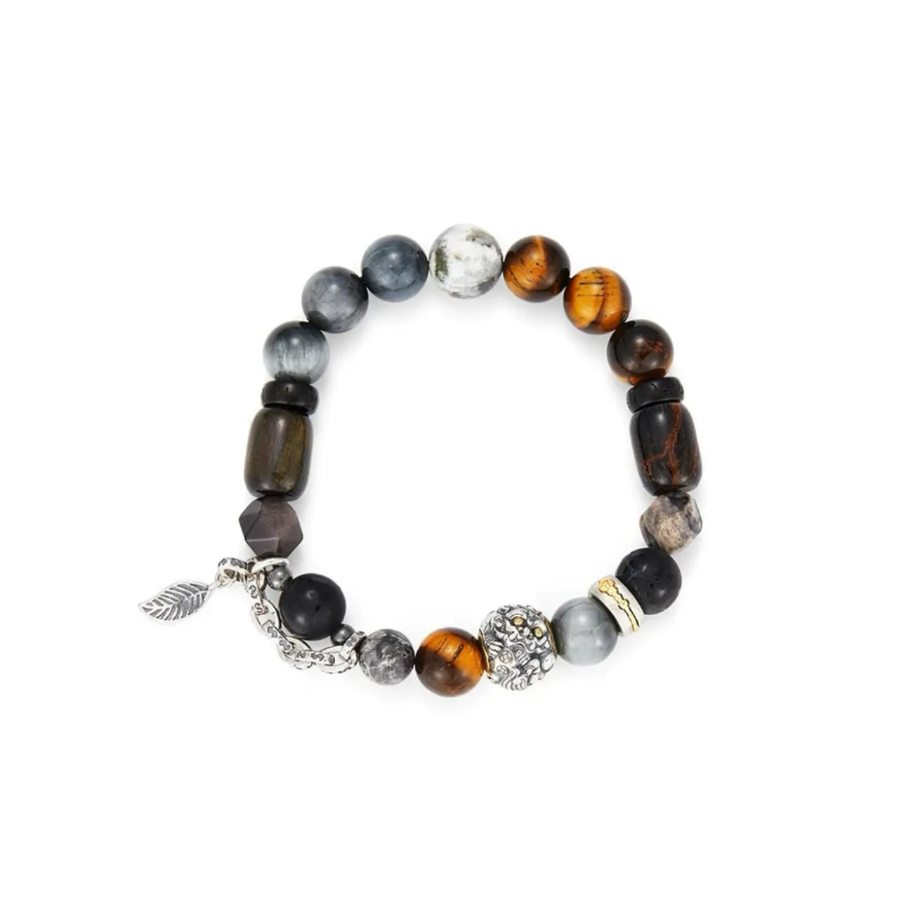 Top-down view displaying the symmetrical arrangement of the Pixiu guardian bead and mixed gemstone beads on a white background