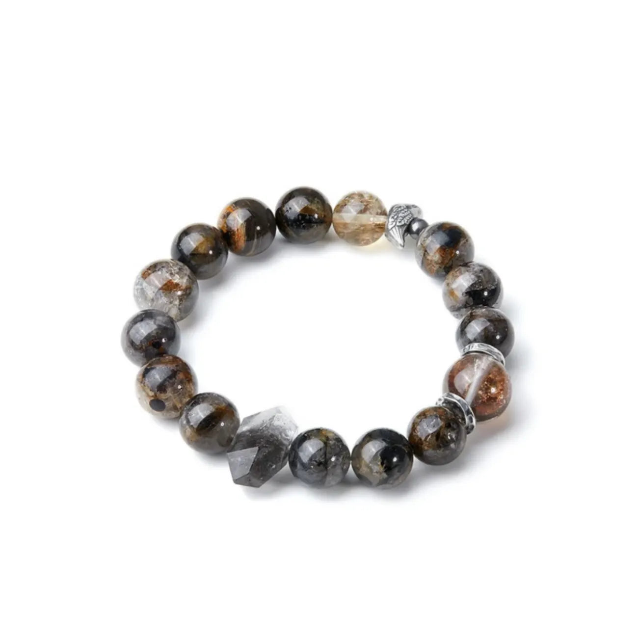 Side detail showing the sterling silver bird charm nestled next to a golden rutilated quartz bead