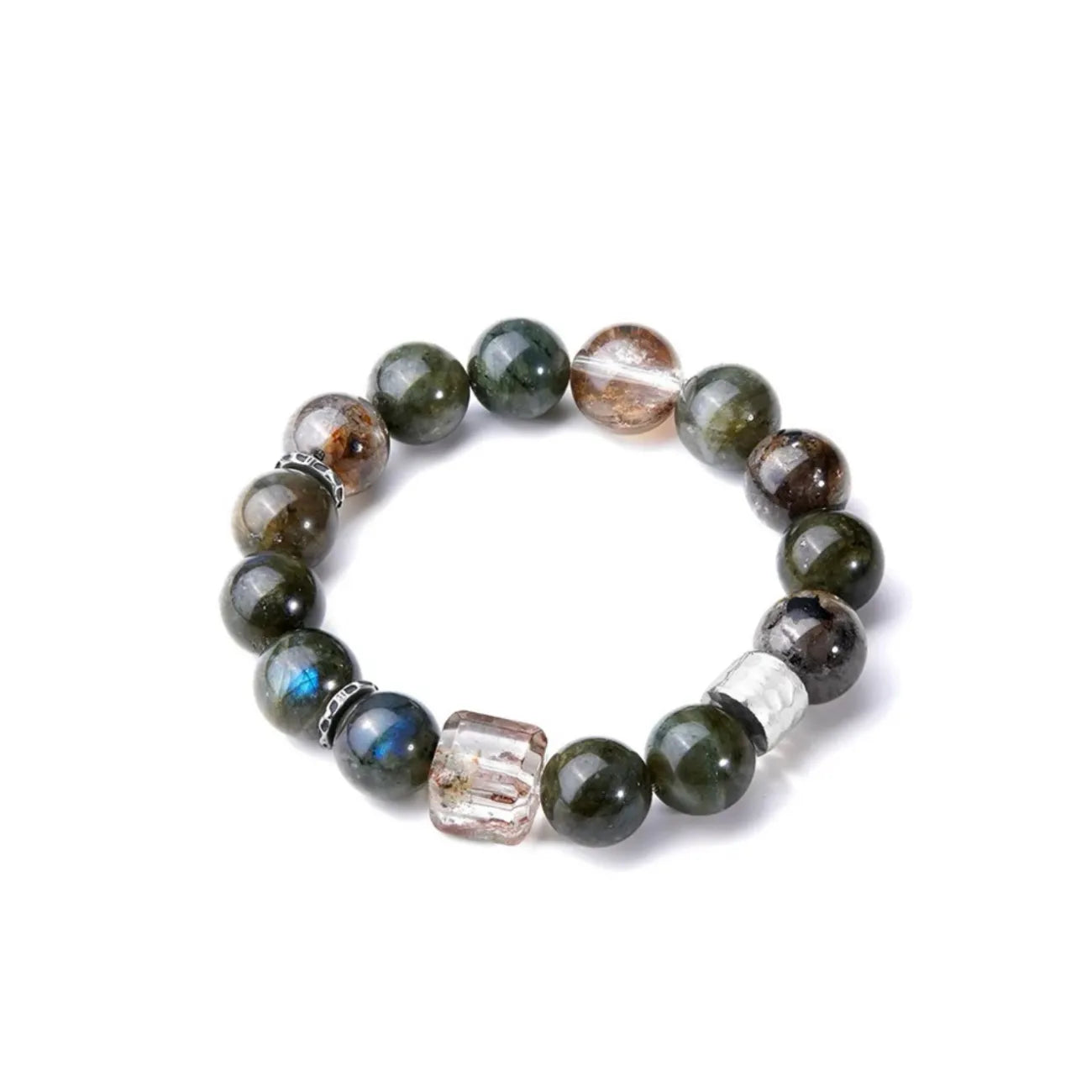 Side profile showing the rich emerald and teal tones of the natural gemstones mixed with silver accents