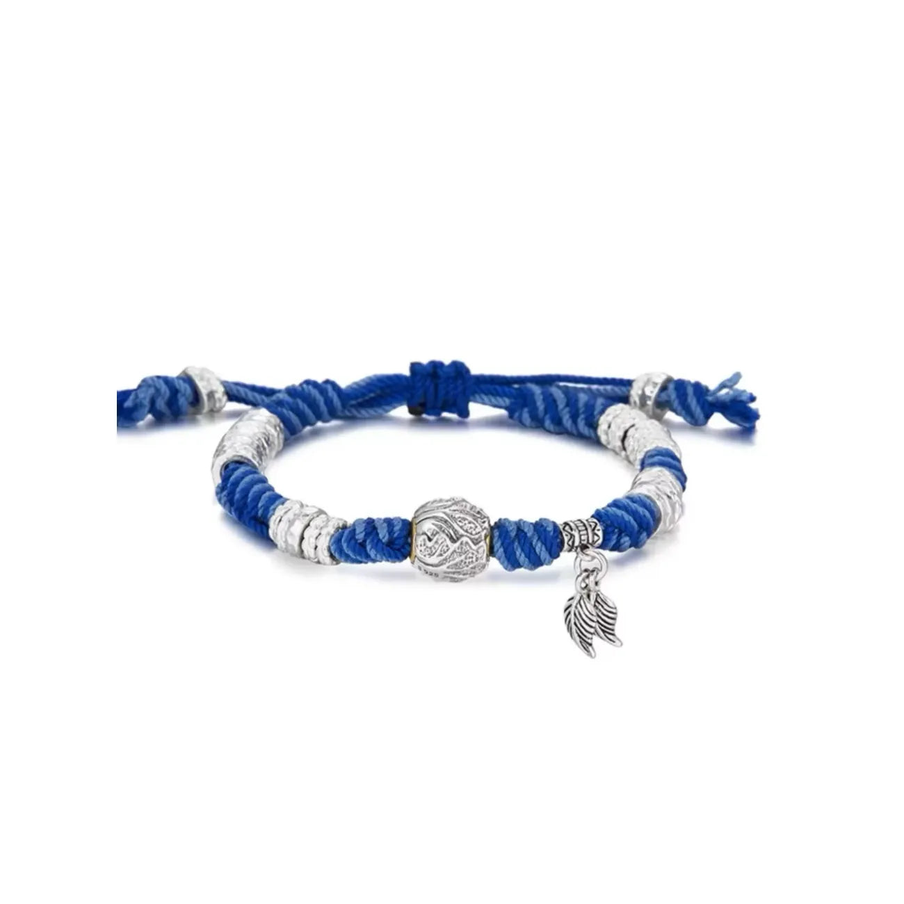 Front view of the Shift Bracelet, featuring a two-tone blue cotton braid adorned with a silver leaf charm and textured rings