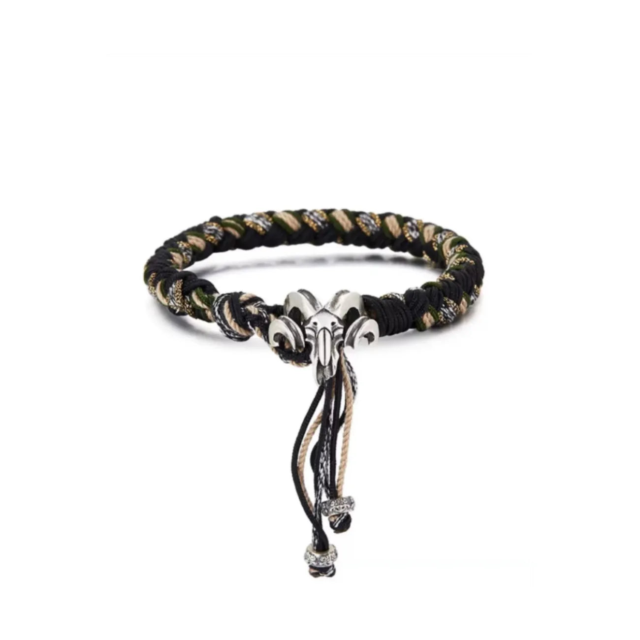 Front view of the Ram Skull bracelet featuring a unique toggle clasp and black-khaki mixed braided cotton rope