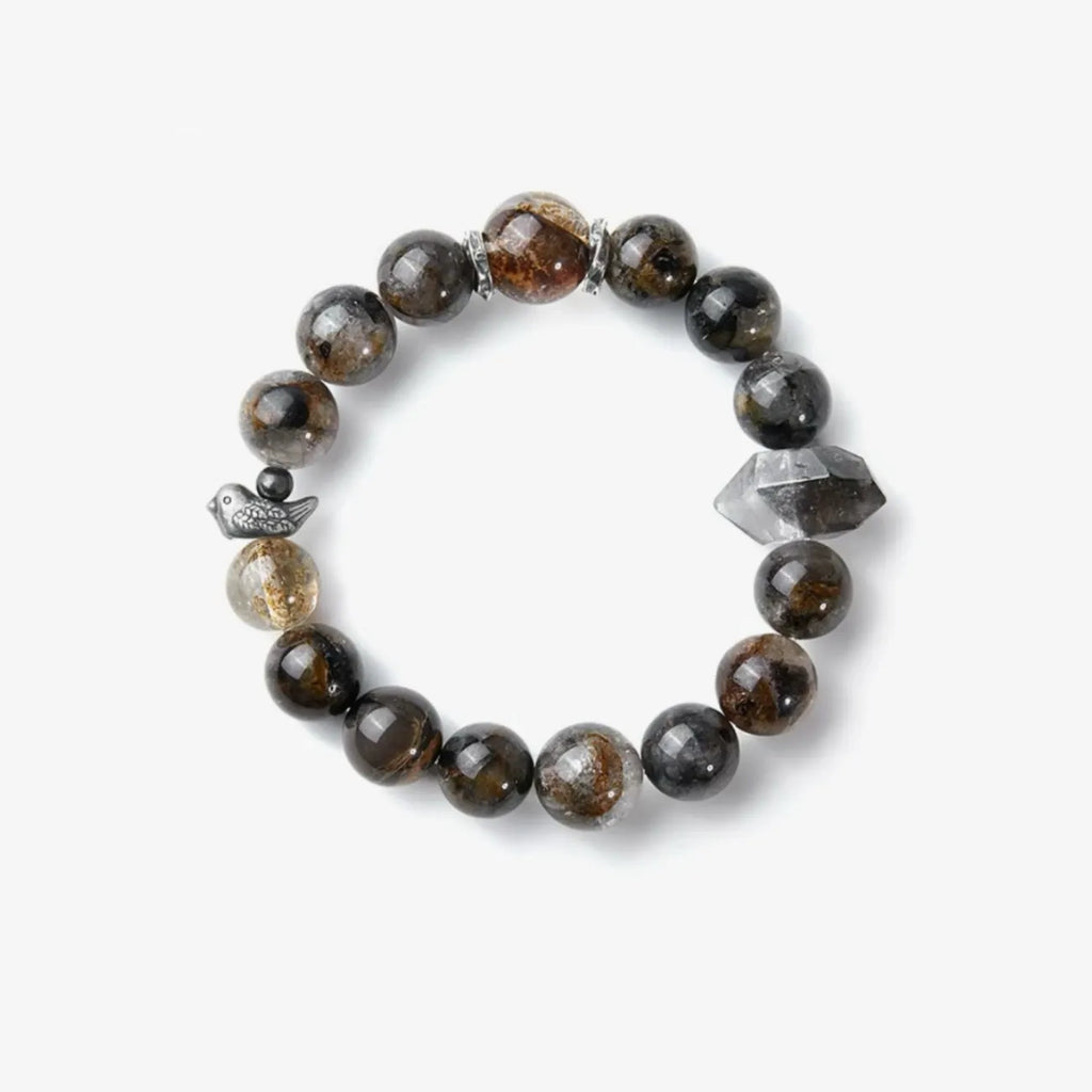 Back view displaying the unique inclusions and textures of the natural quartz beads