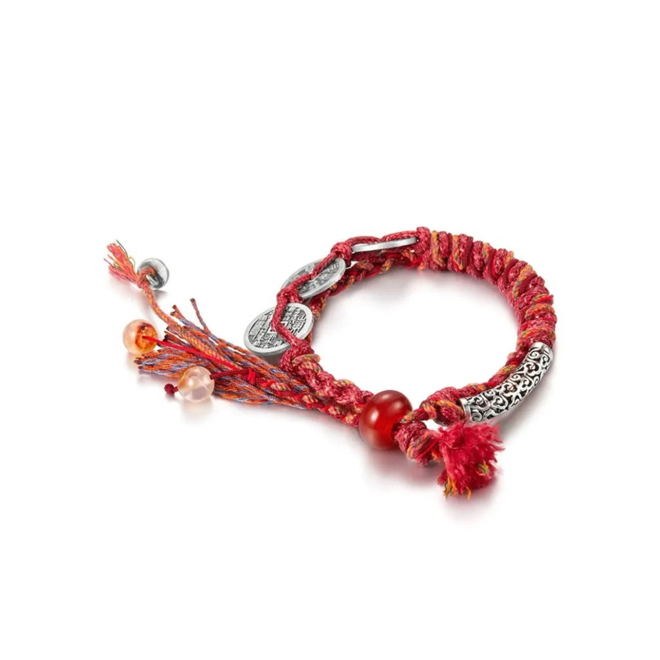 Back view highlighting the red carnelian bead button closure and the decorative tassel tail