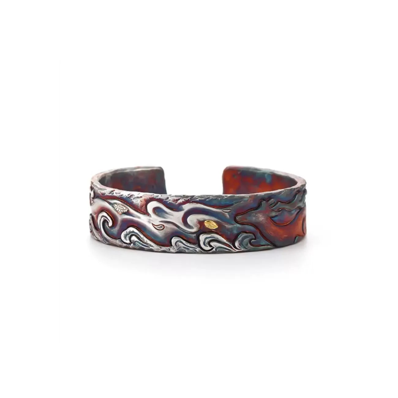 Front view of a handcrafted silver bangle featuring a running stag relief in vibrant rufous and deep blue oxidized finish