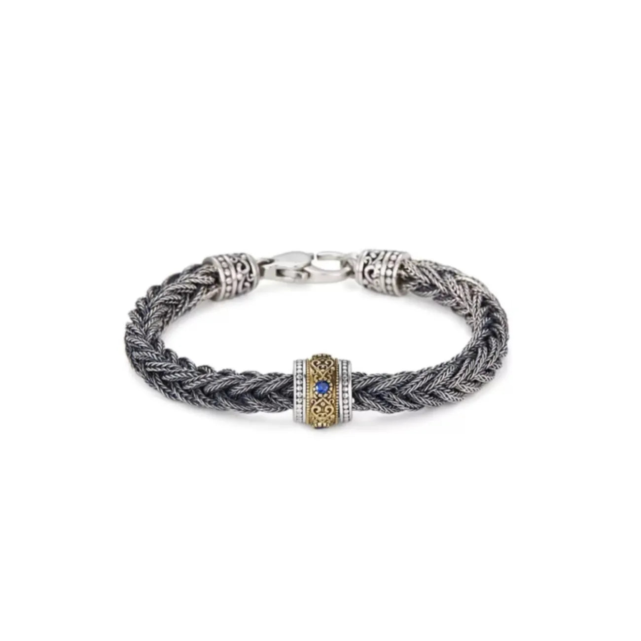 Front view of the oxidized silver wheat chain bracelet featuring a bronze center bead with a blue stone