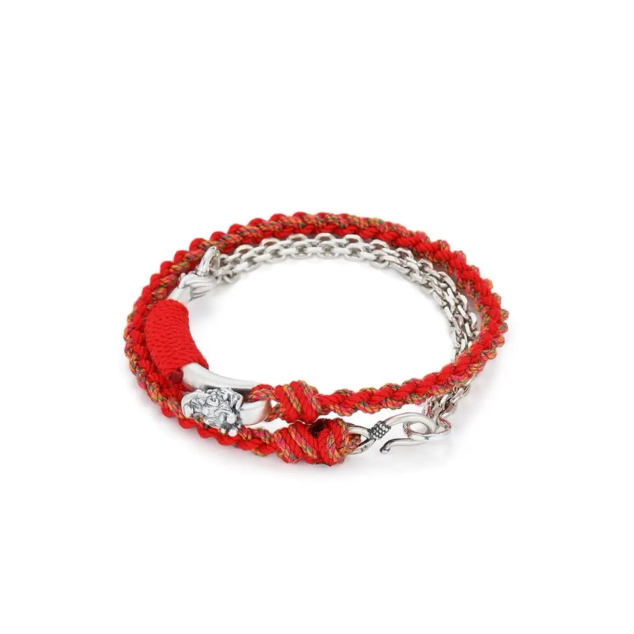 Back view highlighting the secure connection between the red cotton rope and the silver chain
